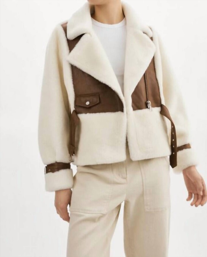 LAMARQUE Faux Leather & Faux Fur Jacket In Ivory/brown