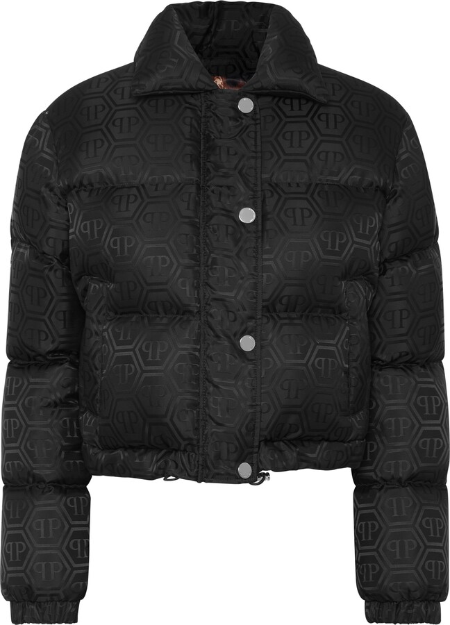 Philipp Plein Nylon Jacquard Cropped Puffer Jacket Monogram