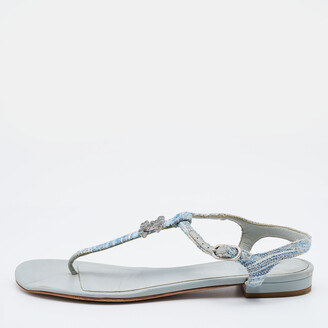 Chanel Pale Blue Tweed CC Flat Thong Sandals Size 38.5 - ShopStyle
