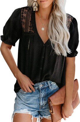 Women's Summer Lace Puff Sleeve Top - Crochet Hollow Out Blouse With Round Neck