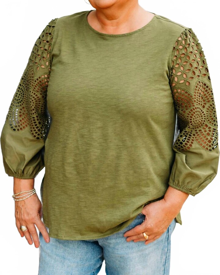 Multiples 3/4 Sleeve Scoop Neck Top With Embroidery In Green