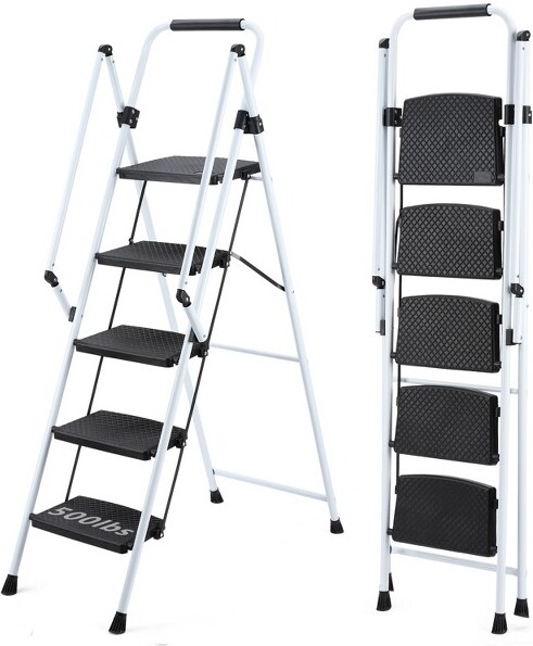 Gulches5stepsfoldingsteelladderstoolwithantislipwidepedalswithsafetyantisliphandlelightweight300LBSportableWhite