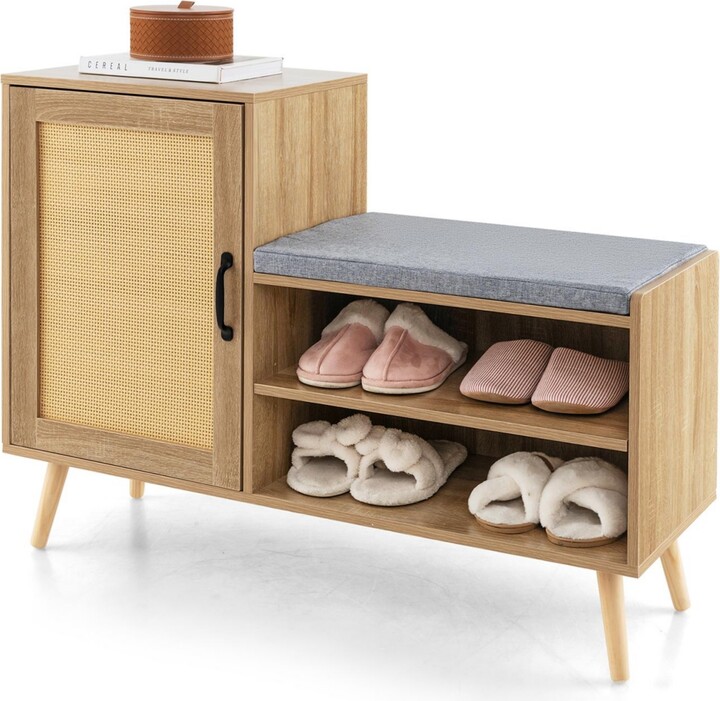 Gouun 2-in-1 Rattan Shoe Cabinet with Bench Shoe Storage Bench with Washable Cushion