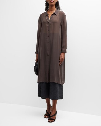 Eileen Fisher Sheer Side-Slit Button-Down Silk Shirt