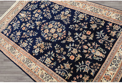 4x6'3'' Hand Knotted New Zealand Wool Navy Sarouk Traditional Botanical Rug