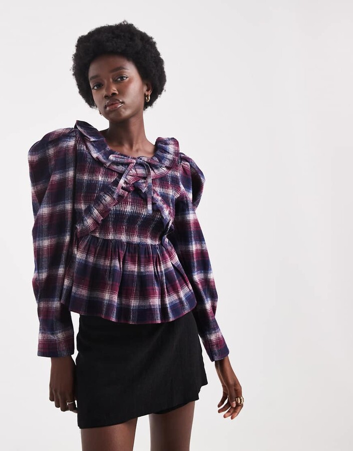 NATIVE YOUTH long sleeve ruffle detailed blouse in burgundy tartan print