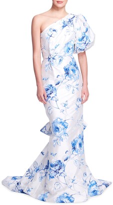 Marchesa Floral-Print One-Shoulder Mermaid Gown