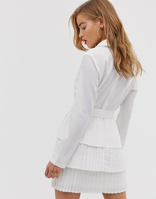 In The Style plunge front blazer dress with pleated skirt in white