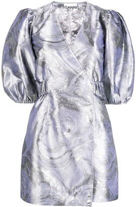Ganni Jacquard Puff-Sleeve Wrap Dress