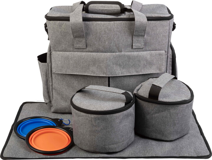 PETMAKER Dog Travel Bag with Mat, Food Containers, and Dog Bowls (Gray)
