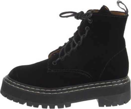 Proenza Schouler Velvet Ankle Combat Boots Black Rubber Trim Round-Toes Platform Lace-Up Closure at Uppers Designer