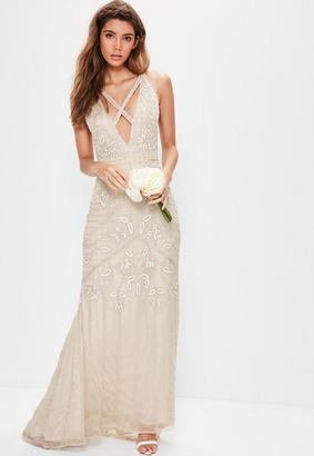 Missguided Nude Strappy Front Embellished Maxi Dress