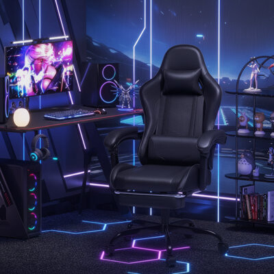 Deep Black Ergonomic Gaming Chair With Massage And Lumbar Support, Footrest And Headrest, Height Adjustable And Swivel.