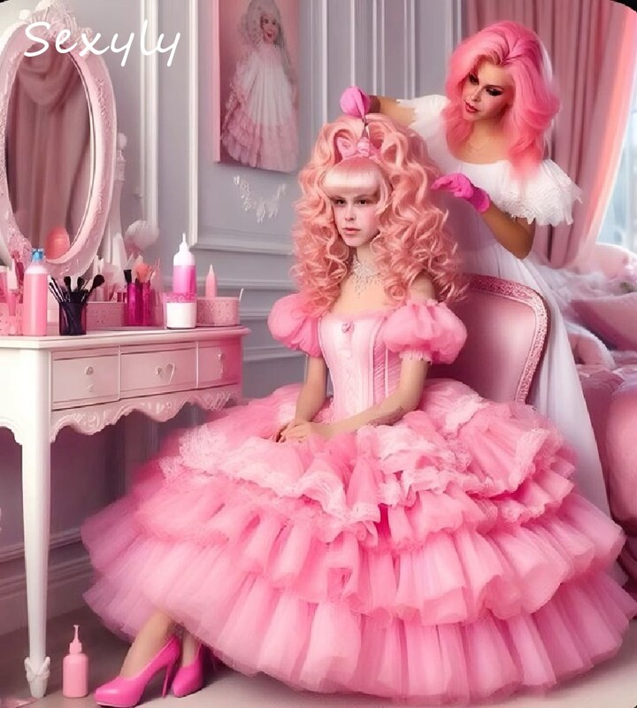 ZuTouuoly Barbie Pink Costume Prom Dress 2025 Short Sleeve Tiered Tulle Cosplay Masquerade Evening Dress Elegant Formal Occasion Birthday