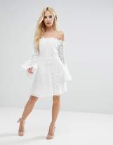 Thumbnail for your product : John Zack Petite Off Shoulder Contrast Allover Lace Mini Dress With Fluted Sleeve Detail