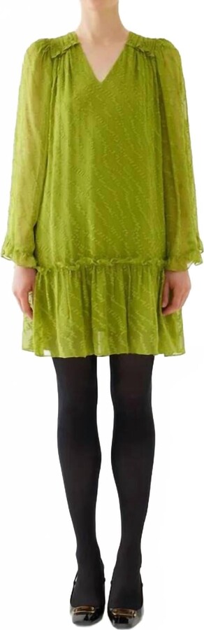 EXQUISE Ruffle Dress In Green Oil