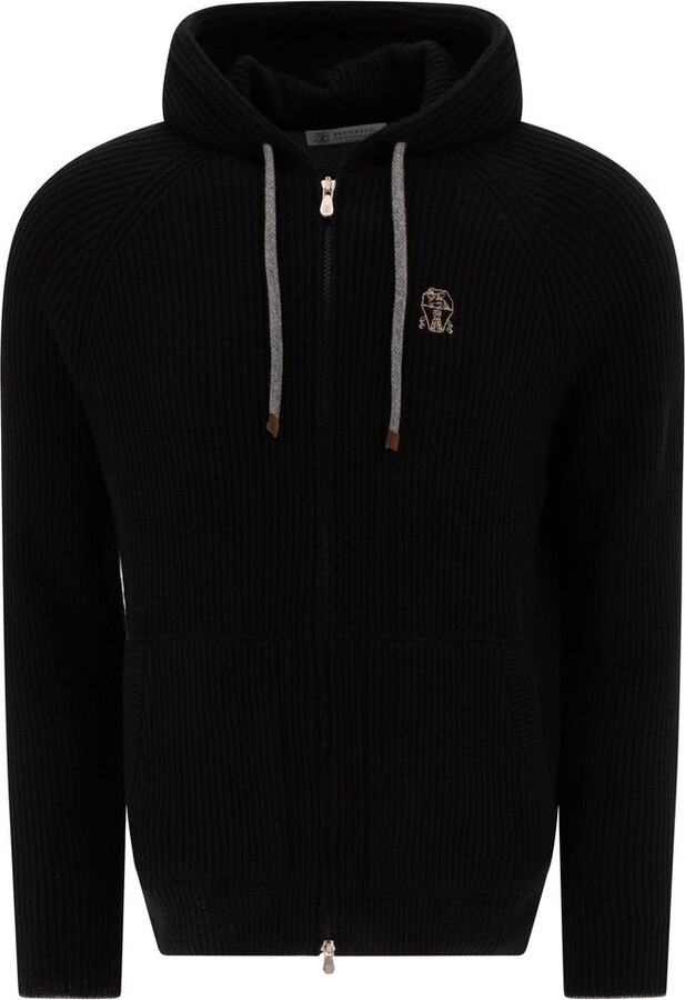 Brunello Cucinelli Logo Embroidered Zipped English Rib Knit Hooded Sweatshirt