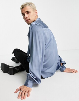 ASOS DESIGN satin shirt with tie neck and blouson volume sleeve in