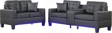 PVC Fabric Upholstered Sofa With LED Lights And Storage Console, Black