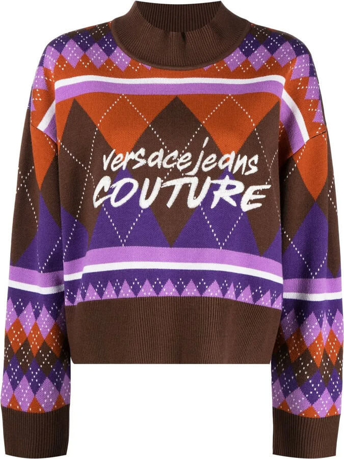Versace Jeans Couture Argyle-Knit Logo-Embroidered Jumper