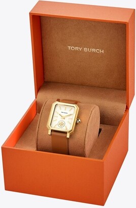 Tory Burch 27mm Robinson Leather Watch w/ Moving Logo, Brown - ShopStyle