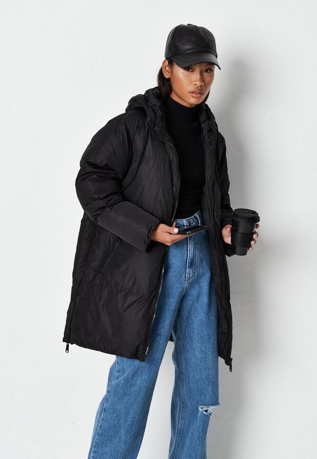 Missguided Black Mid Length Puffer Coat 