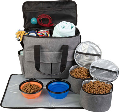Petmaker Dog Travel Bag - Cat and Dog Storage Organizer with Pockets, Mat, 2 Food Containers, and 2 Large Collapsible Travel Dog Bowls