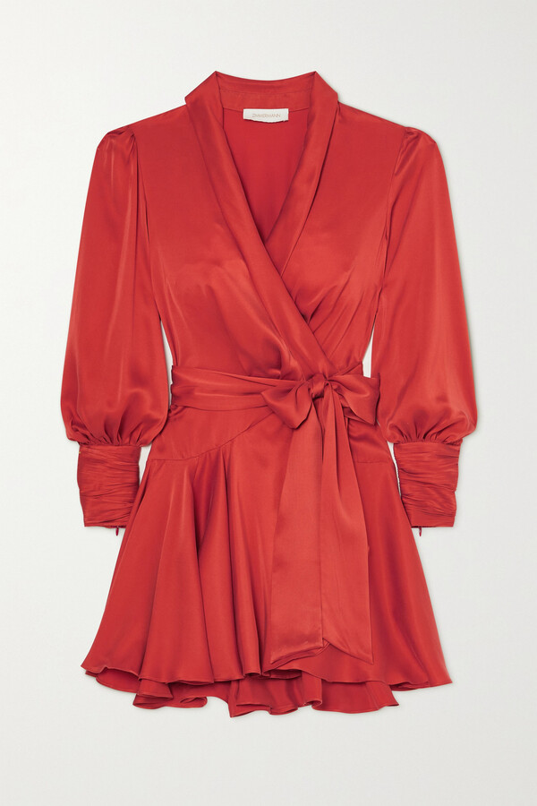 Zimmermann Ruffled Silk-satin Wrap Mini Dress Red ShopStyle