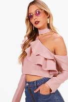 Thumbnail for your product : boohoo Tie Neck Ruffle Asymmetric Top