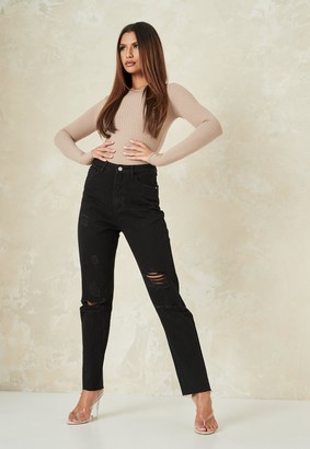 Missguided Petite Black Straight Leg Distressed Jeans - ShopStyle