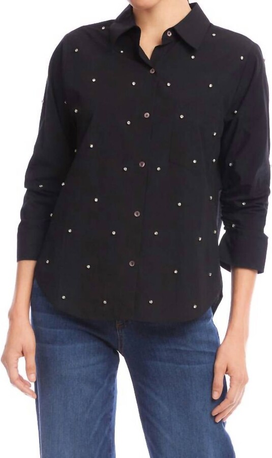 Karen Kane Embellished Ruched Sleeve Shirt In Black