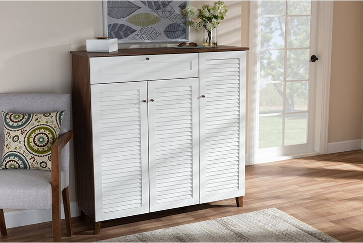 Baxton Studio Coolidge Modern and Contemporary Walnut wood Finished 11-Shelf Wood Shoe Storage Cabinet with Drawer