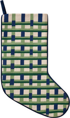 Mistletoe and Co. Abstract Plaid Blue Embroidered Holiday Stocking