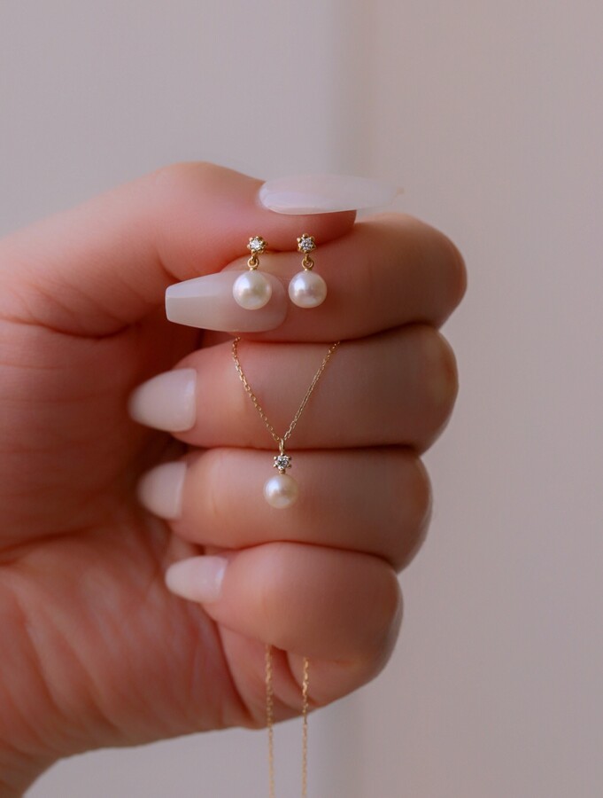 Diamond Pearl Earrings, 14K Diamond Fresh Water Gold Gift Idea, For Her
