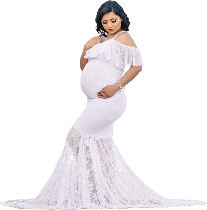 FYMNSI Pregnant Photo Shooting Photography Props Women Off Shoulder Long Mermaid Evening Dress Elegant Maternity Dresses Chiffon Ruffle Straps Maxi Dress Maternity Clothing 