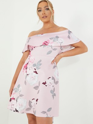 Quiz Curve Floral Bardot Dip Hem Dress - Blush
