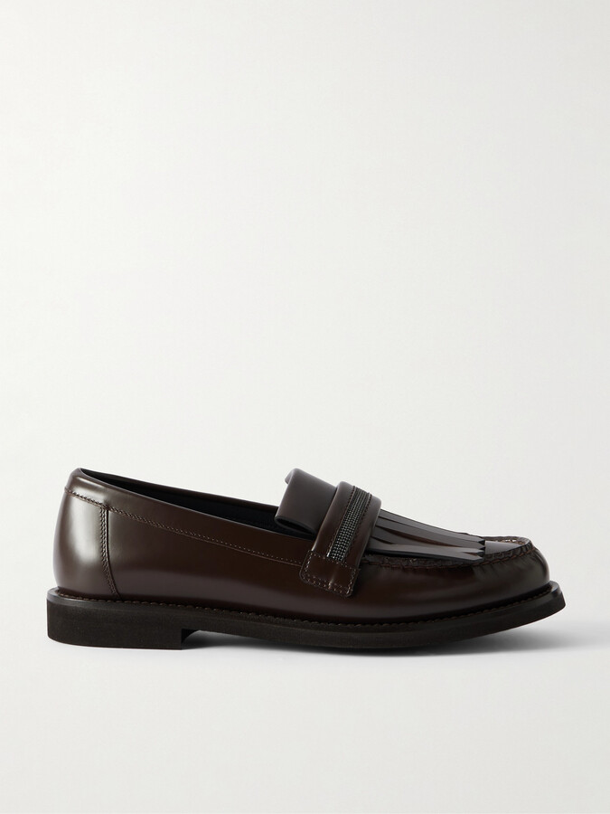 Brunello Cucinelli Bead-embellished Fringed Leather Loafers - Brown