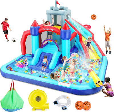 Homdox 13.1' X 11.8' Bounce House With Water Slide, Air Blower, Basketball Hoop, Water Cannon, Wclimbing Wall, Balls