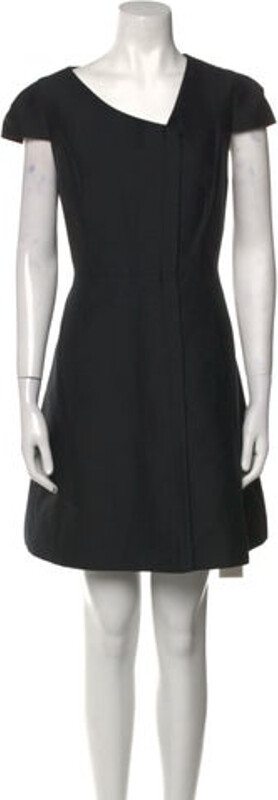 Halston Heritage A-Line Dress Black Pleated Accents Short Sleeve with V-Neck Concealed Zip Closure at Back Designer