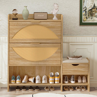 Shoe Storage Cabinet Rattan Shoe Storage Organizer With 2 Flip Drawers, a Storage Drawer and a Bench For Entryway, and Hallway