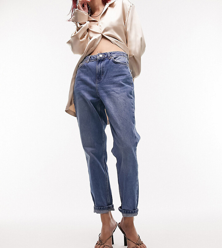 Topshop Petite mom jeans in mid blue - ShopStyle