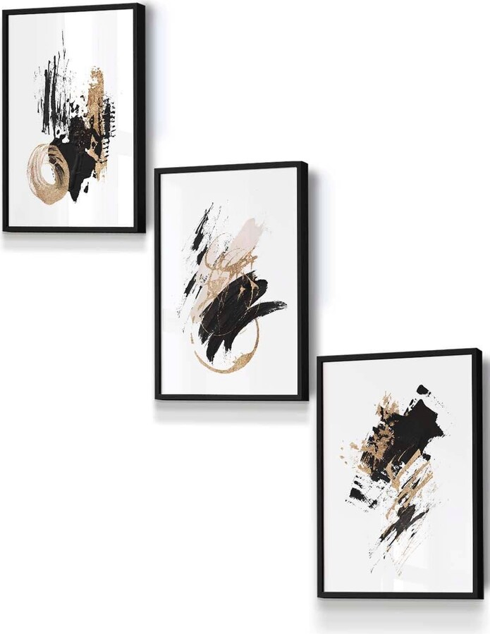 ARTZE Set of 3 Black Framed Abstract Black Ivory and Gold Oil Strokes