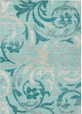 HomeRoots 10' X 14' Teal Blue Aqua And Beige Floral Washable Indoor Outdoor Area Rug
