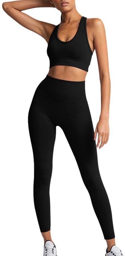 Susielady Women's Workout Outfit 2 Pieces Seamless Yoga Leggings with  Sports Bra Gym Clothes Set Sportswear Suits Black - ShopStyle