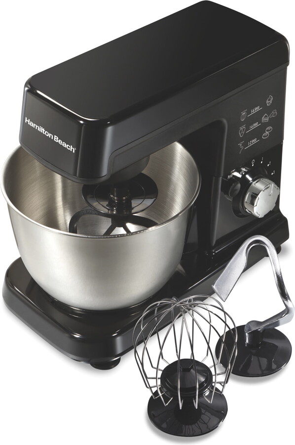 Hamilton Beach 3.5 Quart Stand Mixer for Kitchen, 6 Speeds, Tilt-Head, Dough Hook, Whisk & Flat Beater, Black
