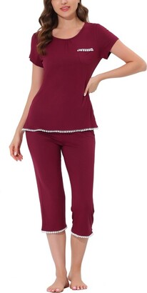 cheibear Women' Sleepwear Pajama Set Nightwear Round Neck Loungewear with  Capri Pant Red X Small - ShopStyle