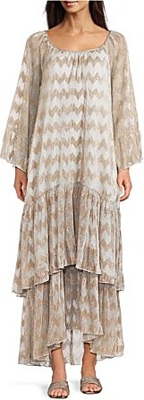 MelloDay Metallic Rose Gold Plisse Round Neck Long Bell Sleeve Tiered Shift Maxi Dress