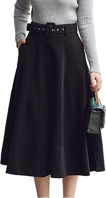 BININBOX Women's High Waist A-Line Flared Wool Skirt Fall Winter Pleated Maxi Long Woolen Skirts with Belt (Grey