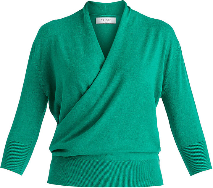 Paisie Cropped Sleeve Knit Wrap Top In Leaf Green