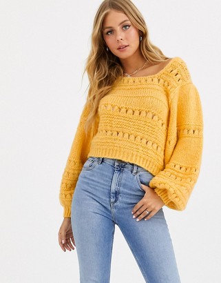 ASOS DESIGN stitch detail square neck sweater with volume sleeve